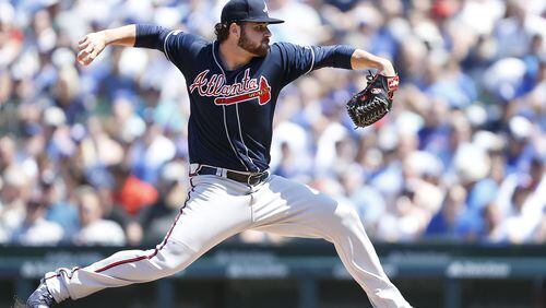 Bryse Wilson #46 of the Atlanta Braves pitches in the fourth inning during the game against the Chicago Cubs at Wrigley Field on June 27, 2019 in Chicago, Illinois. (Photo by Nuccio DiNuzzo/Getty Images)