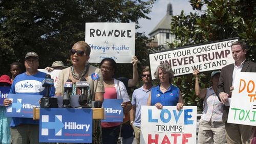 Anita Price, vice-mayor of Roanoke, Va., addresses the media and supporters during a news conference. (Erica Yoon/The Roanoke Times via AP)