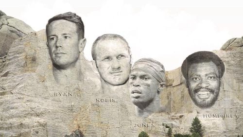 The Falcons Forever Four is evenly split between offense and defense, the past and the present: From left, quarterback Matt Ryan;  linebacker Tommy Nobis; wide receiver Julio Jones; defensive end Claude Humphrey. (Graphic by Guy J. Sagi)