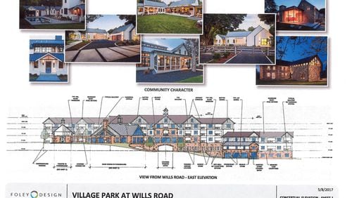 A developer’s concept plan depicts the main building, with independent living, assisted living and memory care residences for seniors, at the Village Park at Wills Road in Alpharetta. CITY OF ALPHARETTA