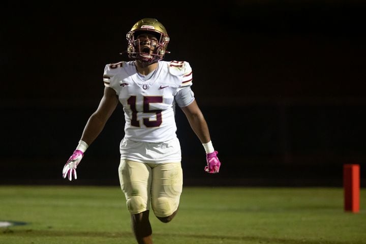 Brookwood's Alexander Diggs (15) celebrates a touchdown during a GHSA high school football game between the Grayson Rams and the Brookwood Broncos at Grayson High School in Loganville, Ga. on Friday, October 22, 2021. (Photo/Jenn Finch)
