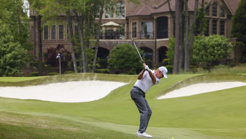 Rob Labritz hits toward the sixth green during the first round of the Mitsubishi Classic senior golf tournament at TPC Sugarloaf, Friday, April 26, 2024, in Duluth, Ga. (Jason Getz / AJC)
