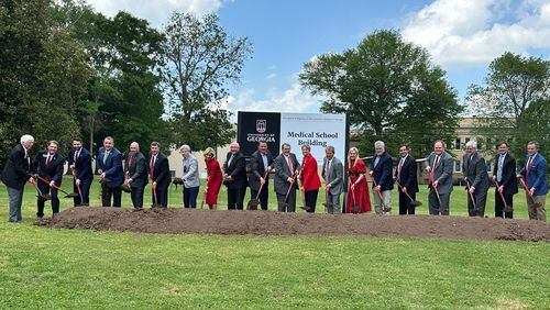Officials gathered for the ceremonial groundbreaking of the University of Georgia's School of Medicine in Athens, Georgia on Friday April 19, 2024. Gov. Brian Kemp and UGA President Jere Morehead were among those grabbed shovels.