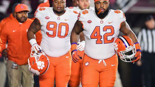 Clemson team captains defensive linemen Dexter Lawrence (90), left, and Christian Wilkins (42) at Boston College's Alumni Stadium in Chestnut Hill, MA. Saturday, November 10, 2018.