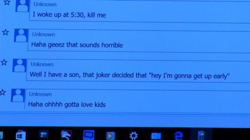 The jury sees an image of an online chat where the defense says that Justin Ross Harris calls his son "awesome" on the morning of his death, during Harris' murder trial at the Glynn County Courthouse in Brunswick, Ga., on Thursday, Oct. 20, 2016. (screen capture via WSB-TV)
