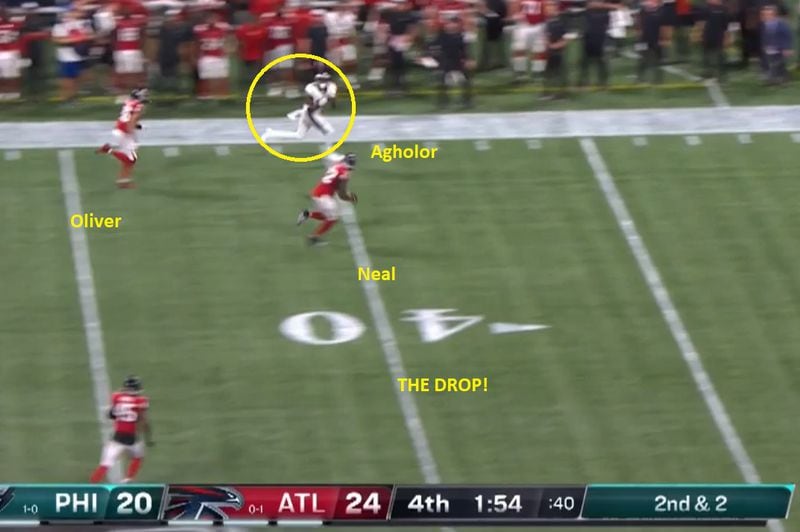 Nelson Agholor got behind the Falcons defense, but dropped the potential game-winning touchdown pass. (NBC NFLGamepass screenshot)
