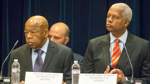 U.S. Rep. John Lewis (left), D-Georgia, and U.S. Rep. Hank Johnson (right), D-Georgia, listen to speakers during a field hearing on voting rights and difficulties facing voters in front of the United States House Administration Committee's elections subcommittee, chaired by U.S. Rep. Marcia Fudge, D-Ohio, at the Jimmy Carter Presidential Center in Atlanta, Tuesday, February 19, 2019. (ALYSSA POINTER/ALYSSA.POINTER@AJC.COM)