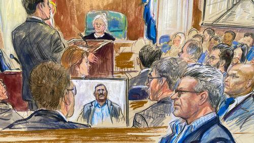 FILE - This artist sketch depicts Salah Al-Ejaili, foreground right with glasses, a former Al-Jazeera journalist, before the U.S. District Court in Alexandria, Va., April 16, 2024. Al-Ejaili, a former detainee at the infamous Abu Ghraib Prison, described to jurors the type of abuse that is reminiscent of the scandal that erupted there 20 years ago: beatings, being stripped naked and threatened with dogs, stress positions meant to induce exhaustion and pain. A judge declared a mistrial Thursday, May 2, after a jury said it was deadlocked and could not reach a verdict in the trial of a military contractor accused of contributing to the abuse of detainees at the Abu Ghraib Prison in Iraq two decades ago. (Dana Verkouteren via AP, File)
