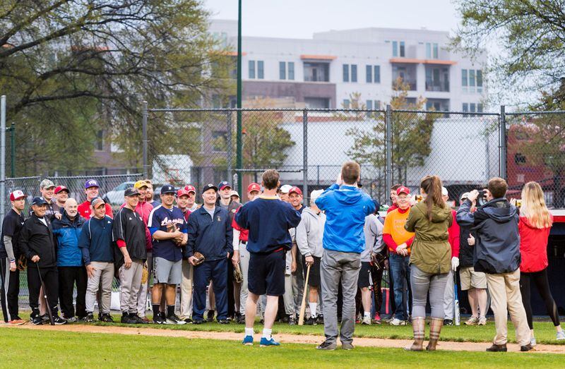 ALEXANDRIA, VA - APRIL 25:  Members of the Republican Congressional Baseball Team pose for a photo before practice at Simpson Field on April 25, 2018 in Alexandria, Virginia. The practice was the first time the members of Congress have returned to the scene of last year's shooting where House Majority Whip Rep. Steve Scalise (R-La.), and four others, including two Capitol Police officers, were wounded when a gunman opened fire on June 14, 2017.  (Photo by Pete Marovich/Getty Images)