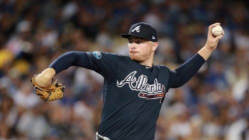 Atlanta Braves relief pitcher Sean Newcomb (15) delivers a pitch to a Los Angeles Dodgers batter in the second inning during Game One of the NLDS Thursday, October 4, 2018, in Los Angeles, Ca. Curtis Compton/ccompton@ajc.com