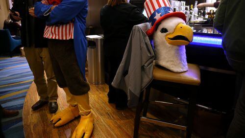 The head of an Uncle Sam eagle sits on a bar stool at the Marriott hotel bar on January 31, 2016 in Des Moines, Iowa. The presidential selection officially kicks February 1 with the Iowa caucuses. Justin Sullivan/Getty Images