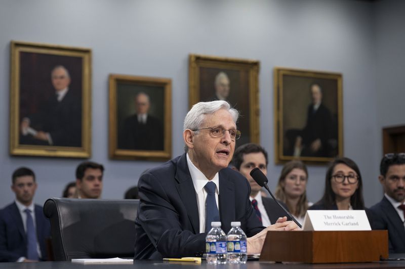 Attorney General Merrick Garland testifies before the House Committee on Appropriations, Subcommittee on Commerce, Justice, Science, and Related Agencies budget hearing on Capitol Hill, Monday, April 15, 2024, in Washington. (AP Photo/Kevin Wolf)