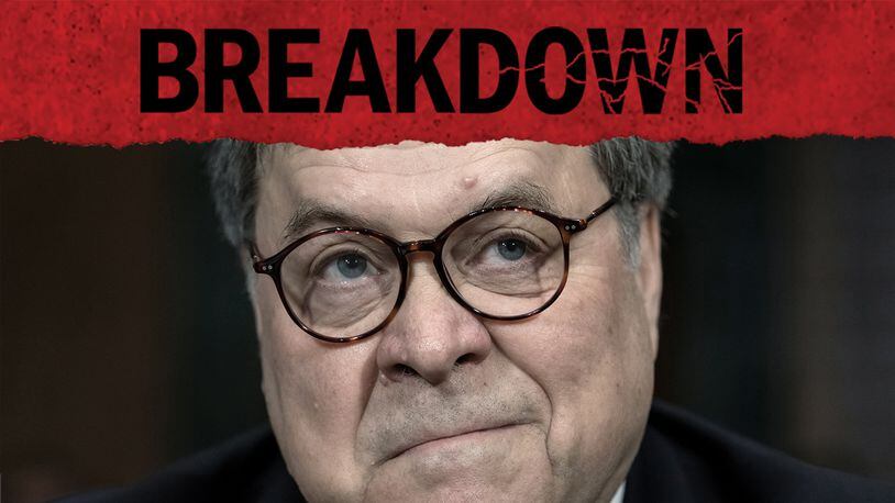 William Barr was Attorney General for President Trump. The fourth episode of the AJC's "Breakdown" podcast asks if President Trump showed criminal intent during his phone call to Georgia Secretary of State Brad Raffensperger. (J. Scott Applewhite / AP file)