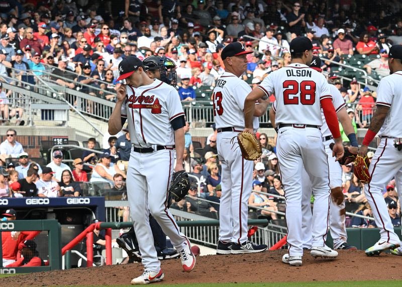 Braves starting pitcher Kyle Wright (30) is relieved in the eighth inning at Truist Park on Saturday, July 9, 2022. (Hyosub Shin / Hyosub.Shin@ajc.com)