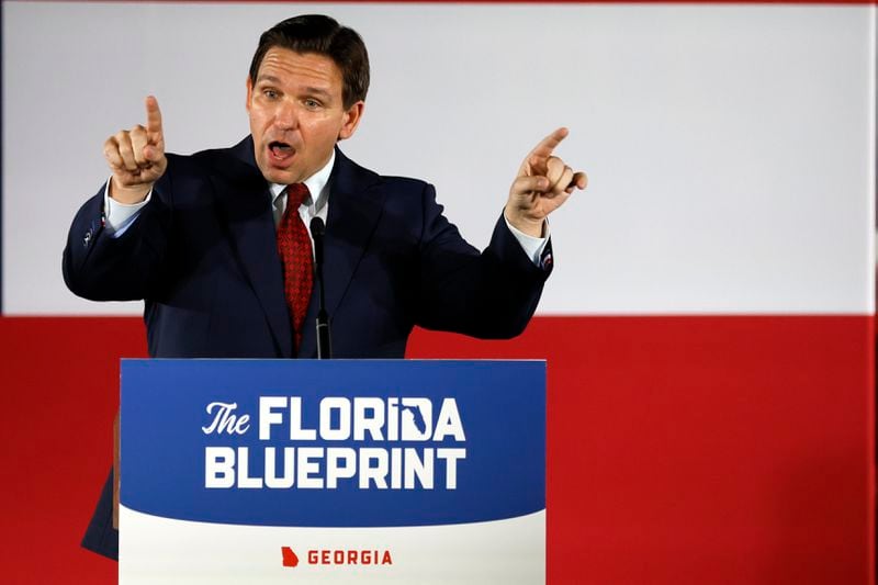Florida Gov. Ron DeSantis speaks during an event spotlighting his newly released book, "The Courage To Be Free: Florida's Blueprint For America's Revival," at the Adventures Outdoors on Thursday, March 30,  in Smyrna.
 Miguel Martinez / miguel.martinezjimenez@ajc.com