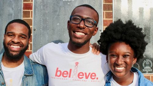 UGA students elected, for the first time, African-Americans to the top three posts in its student government association. From left are Treasurer-elect Destin Mizelle, President-elect Ammishaddai Grand-Jean and Vice President-elect Charlene Marsh. PHOTO CREDIT: University of Georgia.