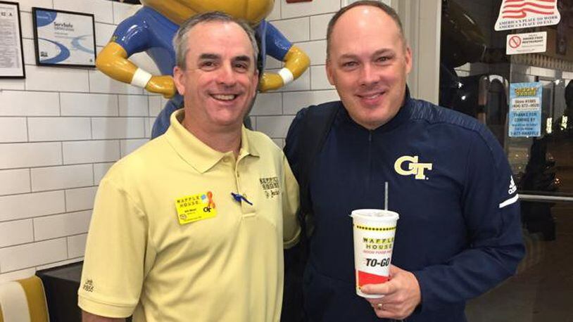 Waffle House vice president of people Will Mizell with Georgia Tech coach Geoff Collins at the Georgia Tech Waffle House on December 19, 2018. (Courtesy Waffle House)