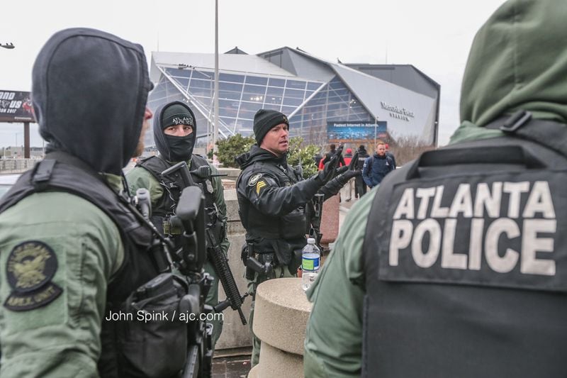 Atlanta Police security detail in front of Mercedes-Benz Stadium on Monday afternoon.