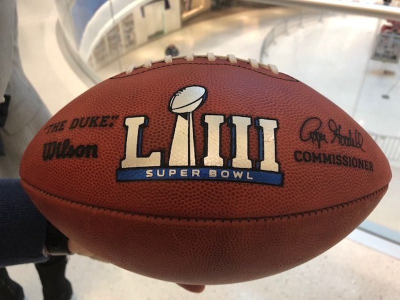  Super Bowl LIII ball that was handed off to Atlanta Mayor Keisha Lance Bottoms on Monday Feb. 5, 2018 at the Mall of America in Bloomington, Minn. (By D. Orlando Ledbetter/dledbetter@ajc.com)
