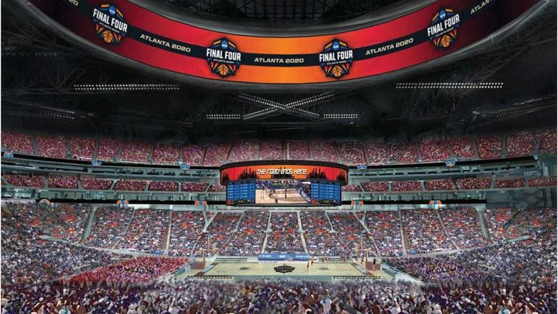 What would have been: This architectural rendering showed the anticipated scene at Mercedes-Benz Stadium for last year's Final Four, which wasn't held because of the coronavirus pandemic. (Atlanta Basketball Host Committee rendering)