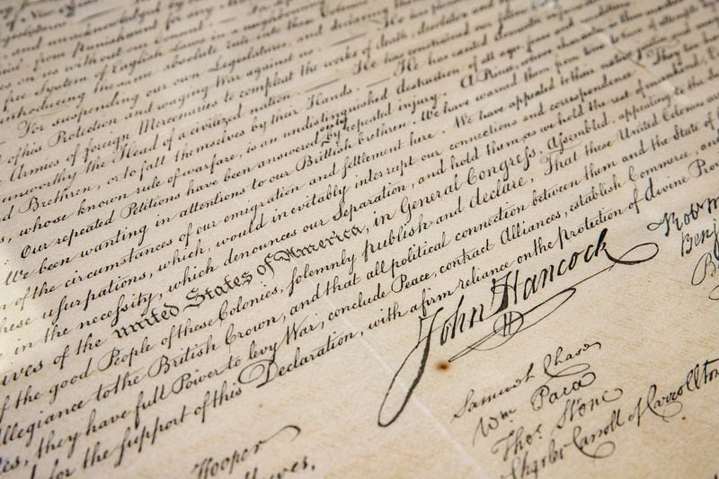 Kennesaw State University's 1843 copy of the Declaration of Independence will be sent to professional conservators to help stabilize the document.  (Jenni Girtman for The Atlanta Journal-Constitution)
