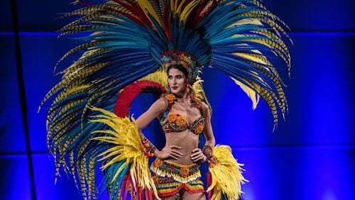Miss Colombia Gabriela Tafur Nader showcases her costume that represents her country at the Miss Universe Pageant National Costume Show in Atlanta on Friday, Dec. 6, 2019.  PHOTO BY ELISSA BENZIE/FOR THE AJC
