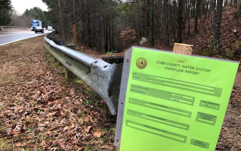 This is the notice that Cobb County has posted to let people know about the sewage overflow into Nickajack Creek, which is a main tributary of the Chattahoochee River. (Cobb County Government)