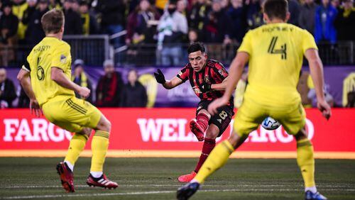 Atlanta United midfielder Ezequiel Barco #8 scores a goal during the first half of the 2020 MLS season opener between Atlanta United FC and Nashville SC at Nissan Stadium in Nashville, Tennessee, on Saturday February 29, 2020. (Photo by Jacob Gonzalez/Atlanta United)