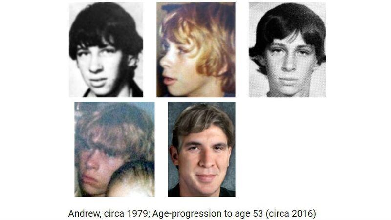 Andrew Jackson Greer Jr., 15, of Clayton, Michigan, is seen in an array of photos, including a age progression of what he might have looked like as an adult. Greer vanished Feb. 12, 1979, after leaving Addison High School and failing to return home. His whereabouts remained a mystery until this week, when DNA positively identified remains buried in a Macon, Georgia, pauper's grave as those of Greer. The teen was struck and killed Feb. 14, 1979, while hitchhiking along Interstate 75 near Macon.