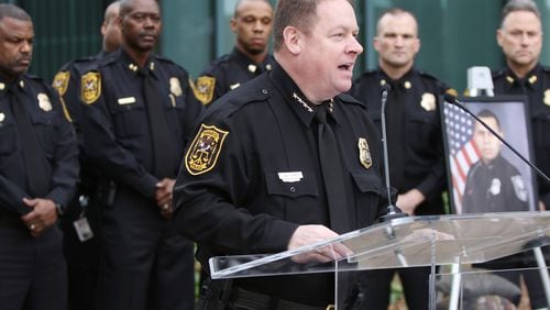 DeKalb County police’s former Chief James Conroy speaks at a ceremony to honor Master Police Officer Norman Larsen and DeKalb County police K-9 Indi outside of DeKalb County police headquarters in Tucker, Georgia on Wednesday, March 13, 2019.