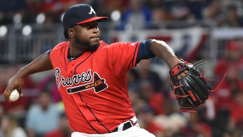 Braves reliever Arodys Vizcaino pitches against the Miami Marlins April 5, 2019, at SunTrust Park in Atlanta.