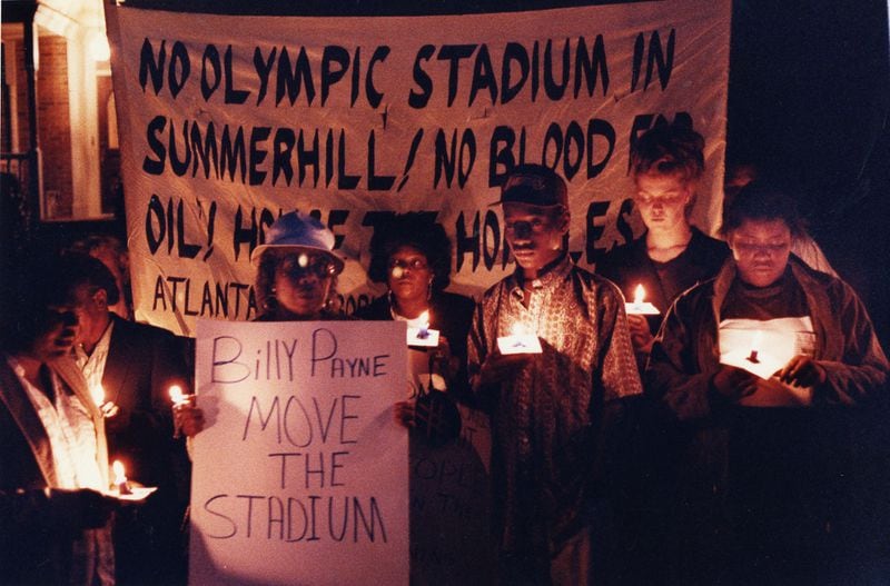 A February 1991 rally targeted the proposed Olympic stadium. Residents of the Summerhill neighborhood protested outside the home of Atlanta Olympics chief Billy Payne. (John Spink/AJC staff)