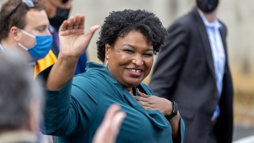 Stacey Abrams departs a rally for gubernatorial candidate, and former Virginia Governor, Terry McAullife (D-VA) on October 17th, 2021 in Fairfax, Virginia. (Nathan Posner for The Atlanta Journal-Constitution)