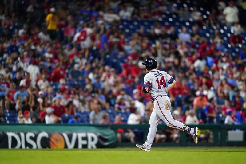 Atlanta Braves' Adam Duvall runs the bases after hitting a home run during a baseball game, Wednesday, June 29, 2022, in Philadelphia. (AP Photo/Matt Slocum)