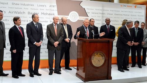 Flanked by business and legislative leaders, Gov. Nathan Deal announced that Site Selection magazine has named Georgia the #1 place to do business in the nation during a press conference at the Capitol Monday, November 4, 2013.