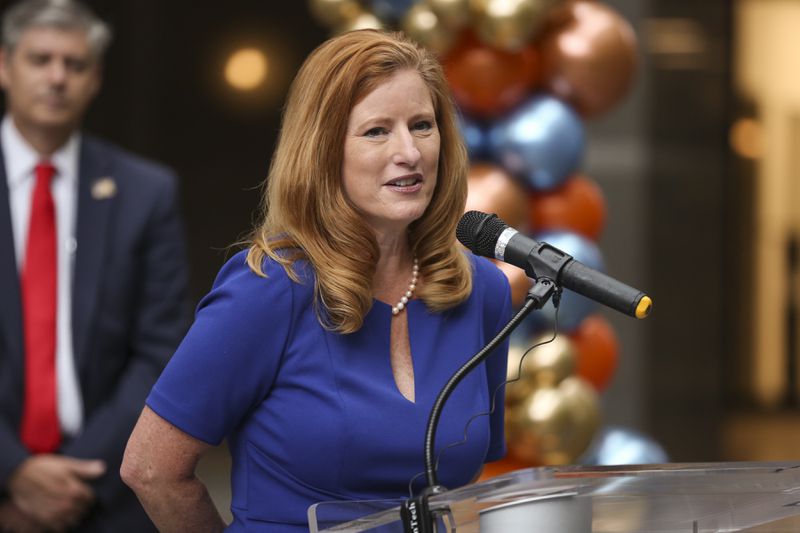 Fulton County District 1 Commissioner Liz Hausmann speaks at a ribbon cutting celebrating the new assembly hall and renovations at the Fulton County government building in Atlanta, Georgia, on Wednesday, May 5, 2021. (Rebecca Wright for the Atlanta Journal-Constitution)