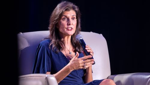 Former U.N. ambassador and Republican presidential candidate Nikki Haley, speaking Friday at the Gathering, a conservative political conference in Buckhead, said the 2024 election will take courage from voters torn between GOP candidates. “Don’t complain about what you get if you don’t play in this primary,” Haley said. “It matters.” (Arvin Temkar / arvin.temkar@ajc.com)