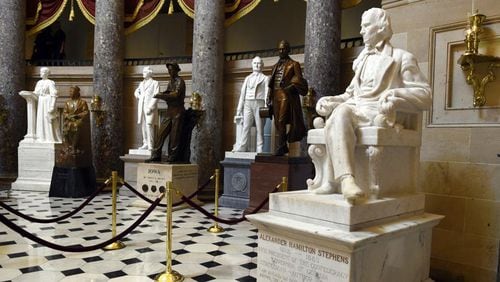 Statue of Alexander "Aleck" Stephens in the U.S. Capitol's Statuary Hall. Each state sends two statues to be exhibited in the hall; Georgia chose to send Stephens in 1927. It also sent Crawford W. Long, the pioneering physician.