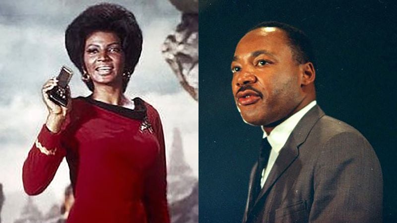 Actress Nichelle Nichols wasn't sure that she wanted to continue portraying Lieutenant Uhura on the original "Star Trek" television show until Martin Luther King, Jr. — a Trekkie — convinced her that her presence on the show was valuable. (Paramount Television; Chick Harrity / AP)