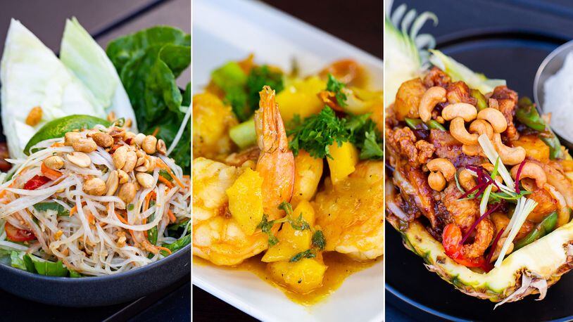 Tropical fruit adds bright colors and bold flavors to dishes such as (from left) Thai-style papaya salad, irie mango shrimp and pineapple boat. Ryan Fleisher for The Atlanta Journal-Constitution