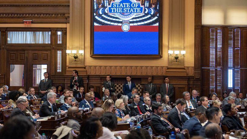 Legislators watch the State of the State speech at the Capitol in Atlanta on Wednesday, January 25, 2023. (Arvin Temkar / arvin.temkar@ajc.com)