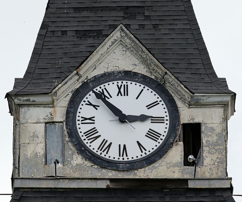 The damaged clock tower on Morris Brown College's Fountain Hall in 2014. (BEN GRAY / AJC file)