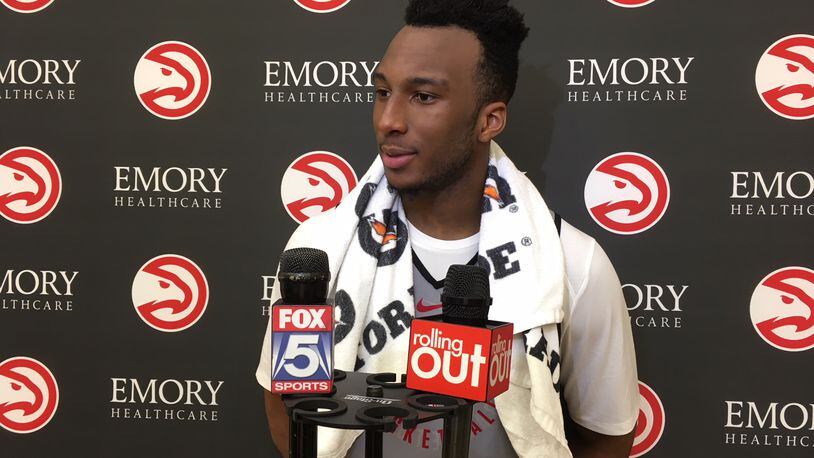 Georgia Tech guard Josh Okogie addresses media following his workout for the Hawks at their training facility May 7, 2018. (AJC photo by Ken Sugiura)