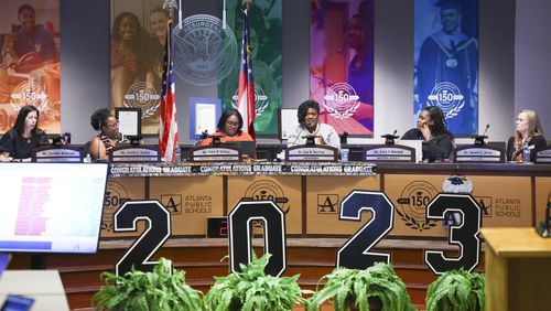 The Atlanta Board of Education discusses the preliminary budget during a work session at Atlanta Public Schools, Monday, May 1, 2023, in Atlanta. The board recently announced that it wouldn't extend Superintendent Lisa Herring’s contract, which ends in June 2024. (Jason Getz / Jason.Getz@ajc.com)