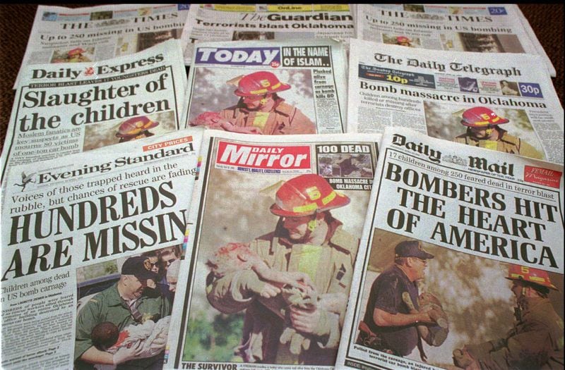 Front pages of various Thursday, April 20, 1995, editions of British newspapers bear the headlines about the bombing in Oklahoma City.