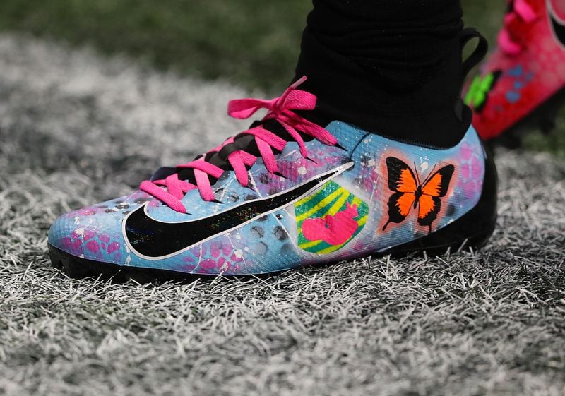 Falcons running back Cordarrelle Patterson supports "pregnancy & infant awareness" as NFL players reveal their passions beyond the game and wear their hearts on their feet through My Cause My Cleats as he prepares to take on the Buccaneers in a NFL football game on Sunday, Dec 5, 2021, in Atlanta.   “Curtis Compton / Curtis.Compton@ajc.com”`
