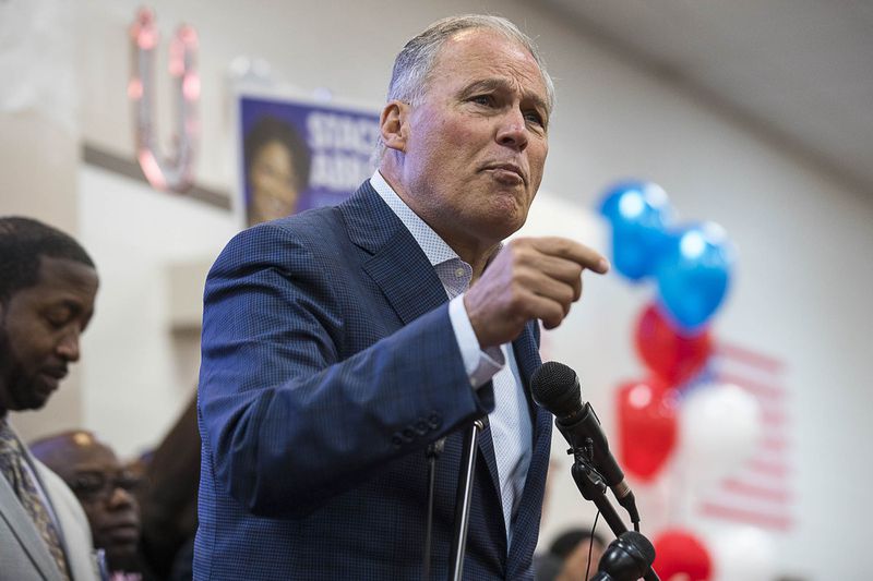 11/05/2018 -- Savannah, Georgia -- Washington Governor Jay Inslee speaks in support of Georgia gubernatorial candidate Stacey Abrams at the Longshoremen Union Hall during a "Get Out The Vote" rally in Savannah, Monday, November 5, 2018.  (ALYSSA POINTER/ALYSSA.POINTER@AJC.COM)