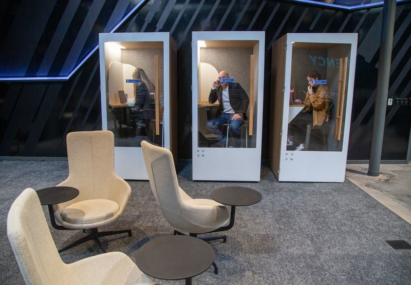 Employee can use a booth for quiet conversations & other work at Crisp, Inc. in Atlanta. For the Top Workplace small company category. PHIL SKINNER FOR THE ATLANTA JOURNAL-CONSTITUTION.