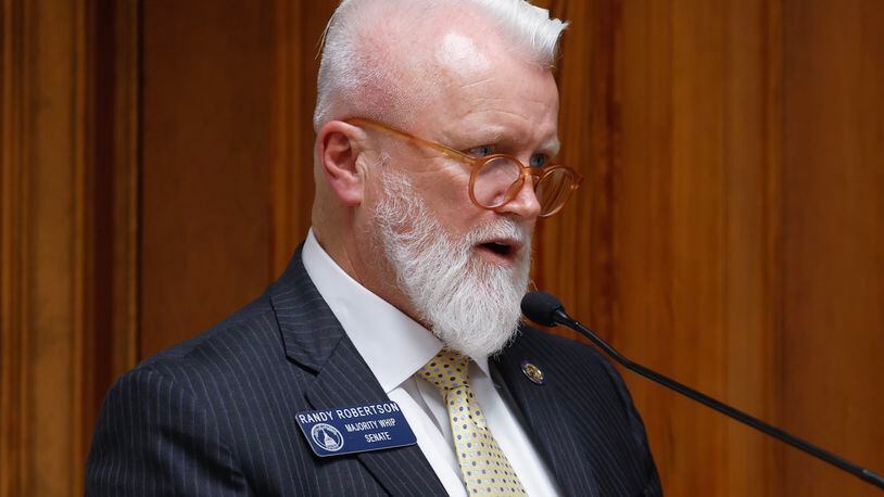 Sen. Randy Robertson (R—Cataula) talks about the Buckhead Bill at a Senate committee hearing at The Georgia State Capitol on Thursday, February 16, 2023. (Natrice Miller/ natrice.miller@ajc.com) 