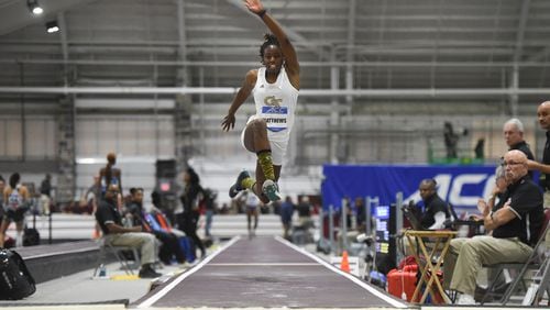 Georgia Tech's Bria Matthews competes in the women's triple jump during the 2019 ACC Indoor Track and Field Championships in Blacksburg, Va., Saturday Feb. 23, 2019. (Photo by Michael Shroyer, the ACC)